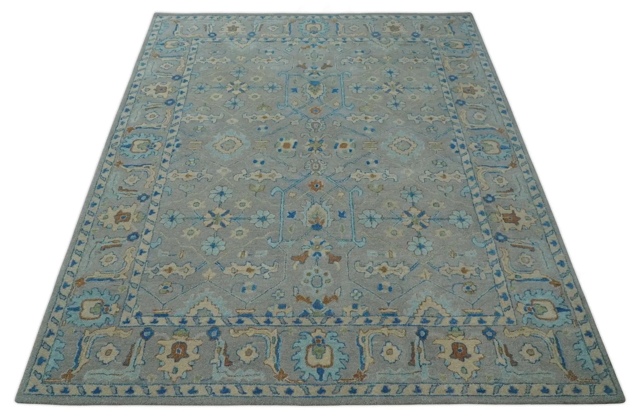 8x10 Hand Tufted Gray, Beige and Accent Blue Traditional Herati Design Wool Rug by The Rug Decor