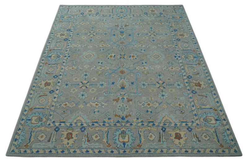 8x10 Hand Tufted Gray, Beige and Accent Blue Traditional Herati Design Wool Rug by The Rug Decor