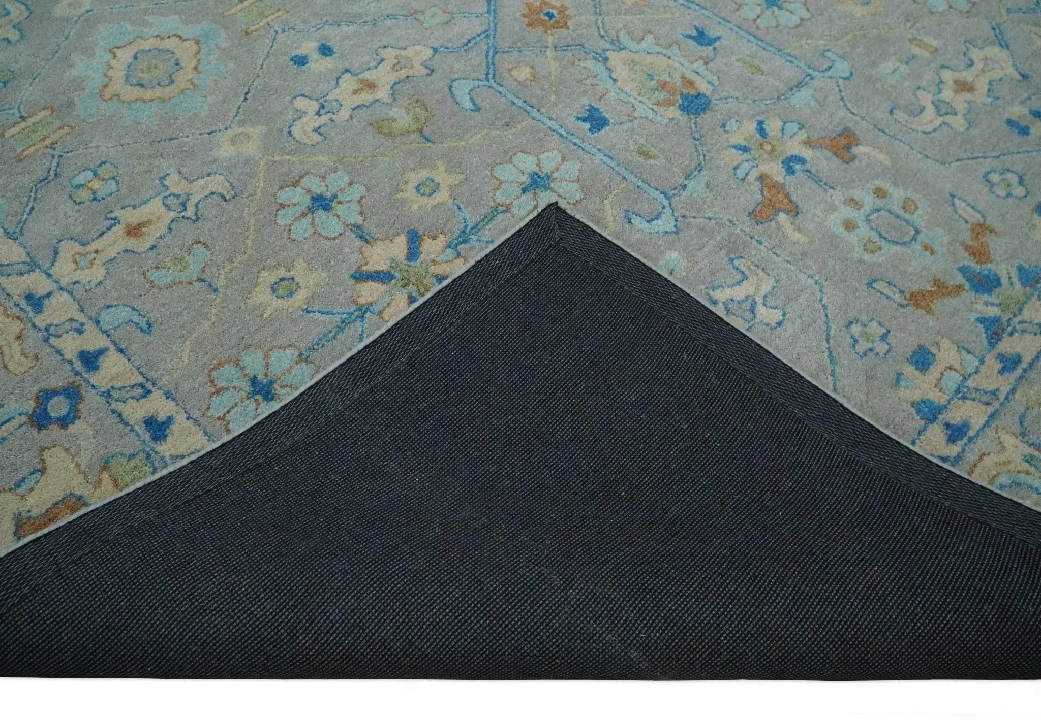 8x10 Hand Tufted Gray, Beige and Accent Blue Traditional Herati Design Wool Rug by The Rug Decor