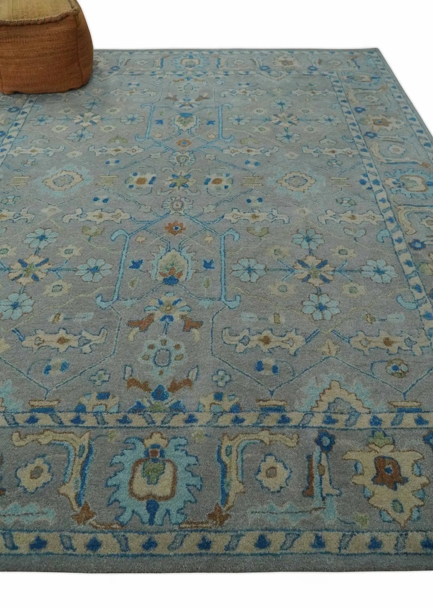 8x10 Hand Tufted Gray, Beige and Accent Blue Traditional Herati Design Wool Rug by The Rug Decor