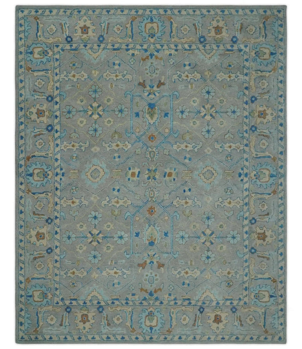 8x10 Hand Tufted Gray, Beige and Accent Blue Traditional Herati Design Wool Rug