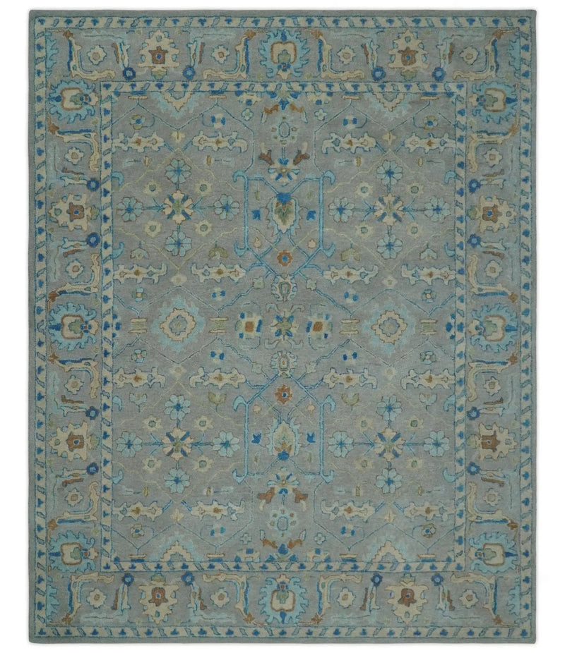 8x10 Hand Tufted Gray, Beige and Accent Blue Traditional Herati Design Wool Rug by The Rug Decor