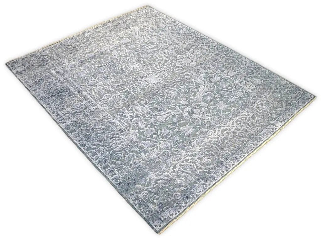 Modern Silver And Gray Hand Knotted Bamboo Silk 8x10 Area Rug by The Rug Decor