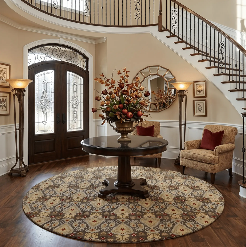 8x8 Round Fine Hand Knotted Brown and Beige Traditional Style Antique Wool Rug by The Rug Decor