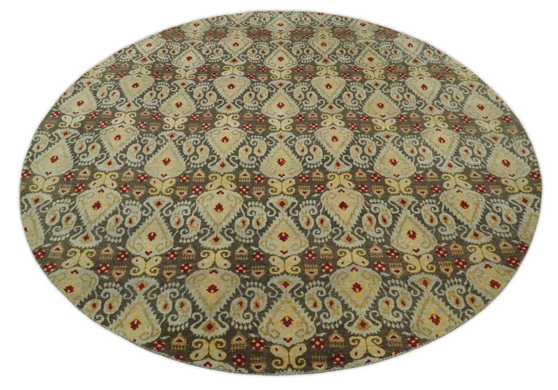 8x8 Round Fine Hand Knotted Brown and Beige Traditional Style Antique Wool Rug by The Rug Decor