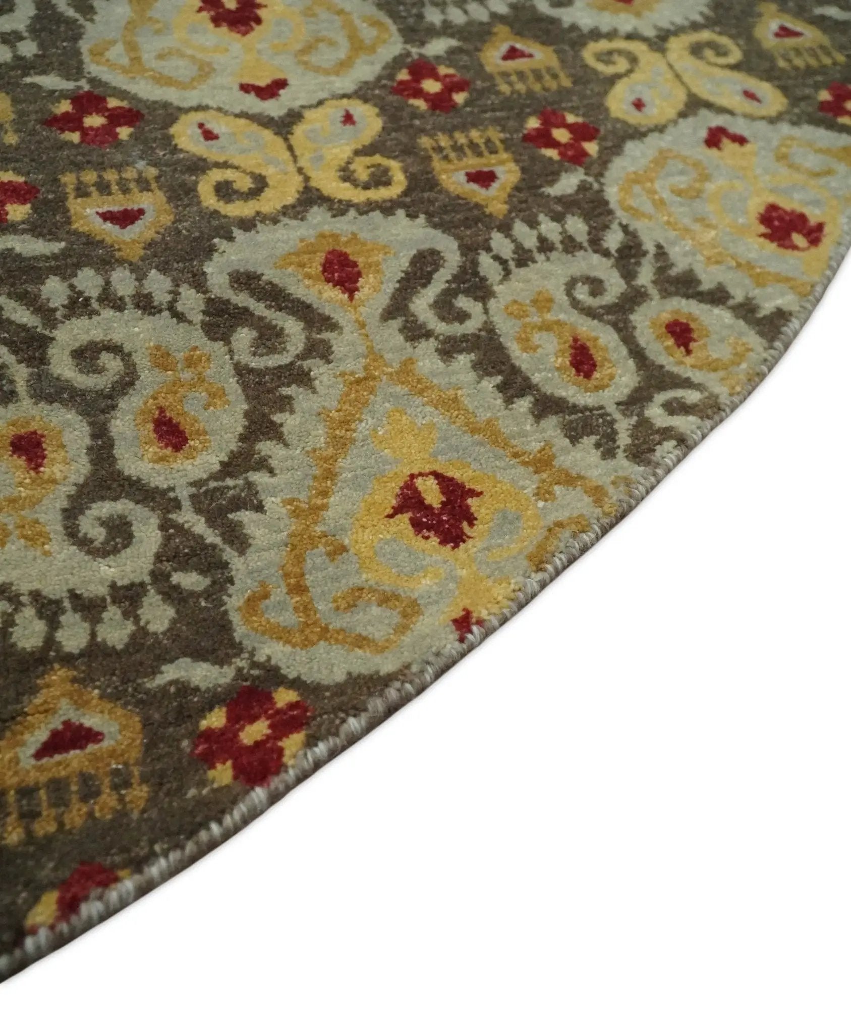 8x8 Round Fine Hand Knotted Brown and Beige Traditional Style Antique Wool Rug by The Rug Decor