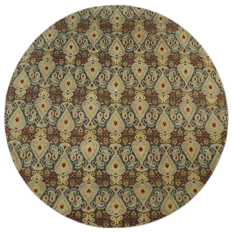 8x8 Round Fine Hand Knotted Brown and Beige Traditional Style Antique Wool Rug by The Rug Decor
