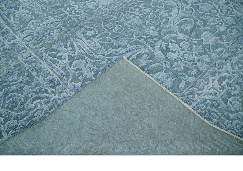 8x9.7 Blue Antique Style, Distressed Finish Hand Carved Traditional Medalian Hand Knotted Wool and Silk Rug by The Rug Decor