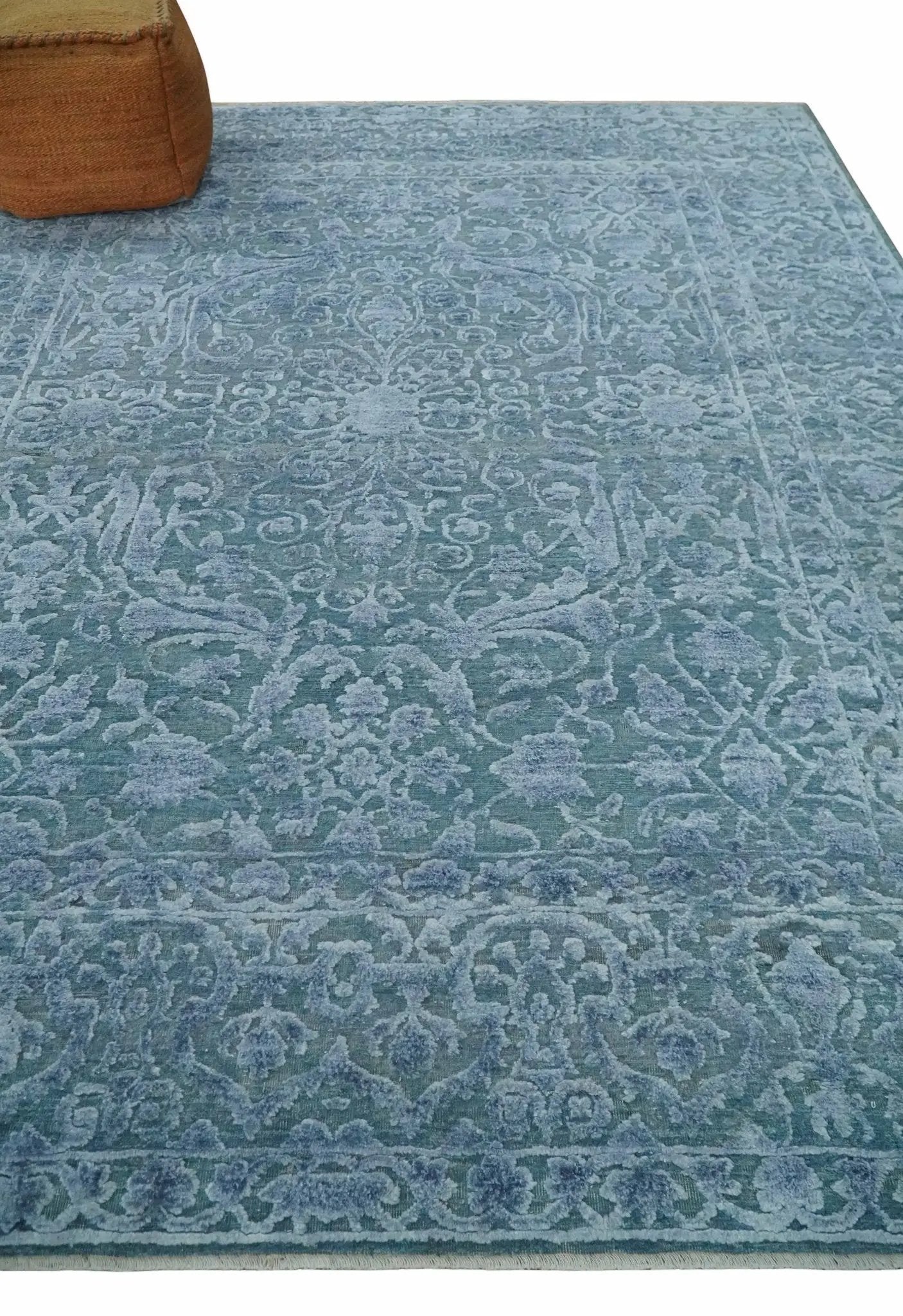 8x9.7 Blue Antique Style, Distressed Finish Hand Carved Traditional Medalian Hand Knotted Wool and Silk Rug by The Rug Decor