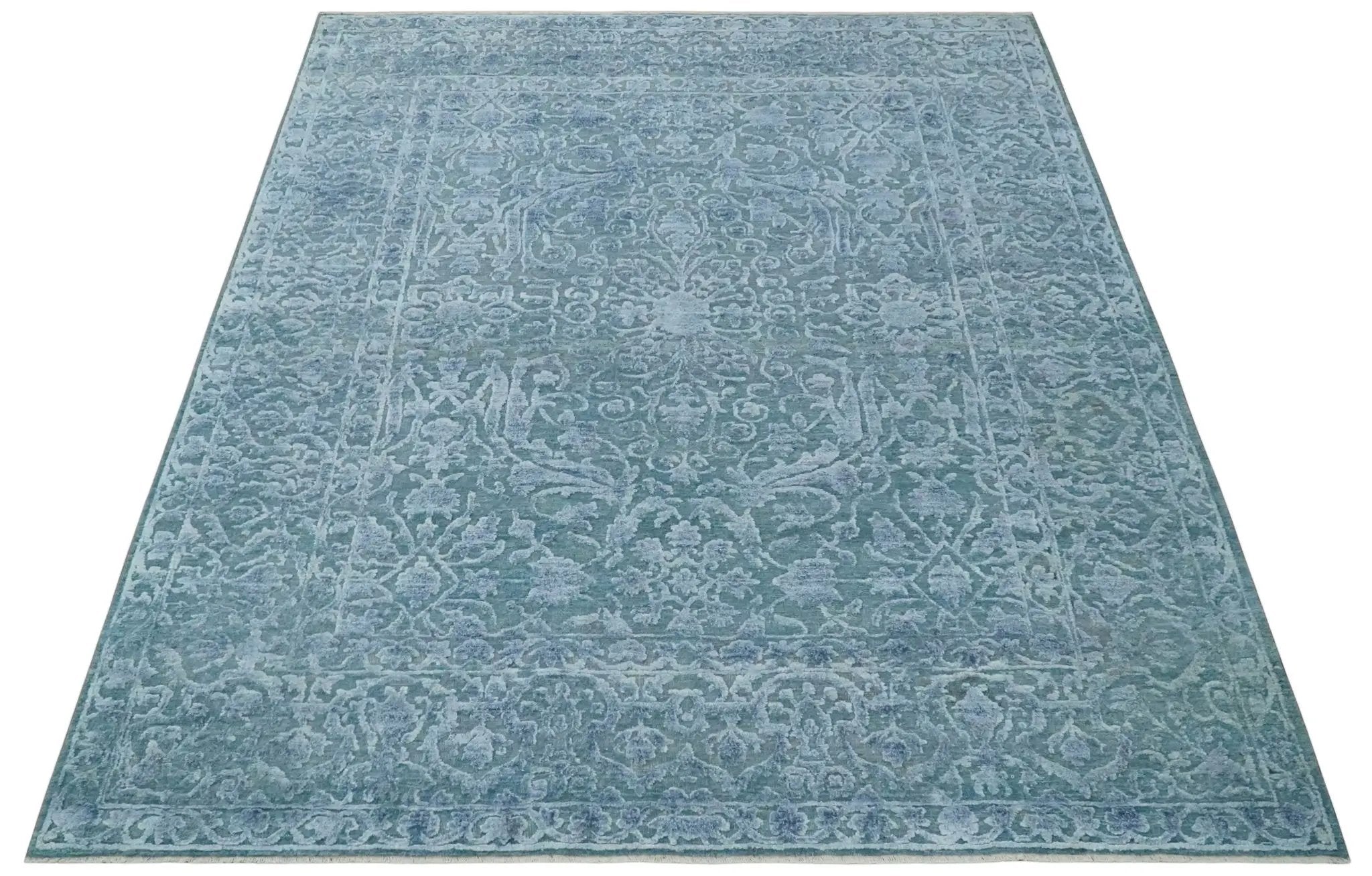 8x9.7 Blue Antique Style, Distressed Finish Hand Carved Traditional Medalian Hand Knotted Wool and Silk Rug by The Rug Decor