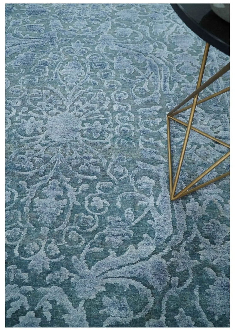 8x9.7 Blue Antique Style, Distressed Finish Hand Carved Traditional Medalian Hand Knotted Wool and Silk Rug by The Rug Decor