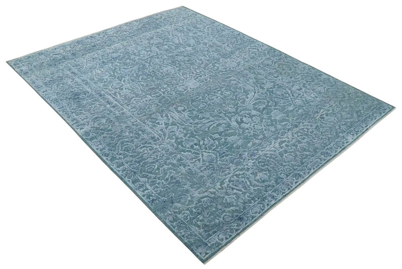 8x9.7 Blue Antique Style, Distressed Finish Hand Carved Traditional Medalian Hand Knotted Wool and Silk Rug by The Rug Decor