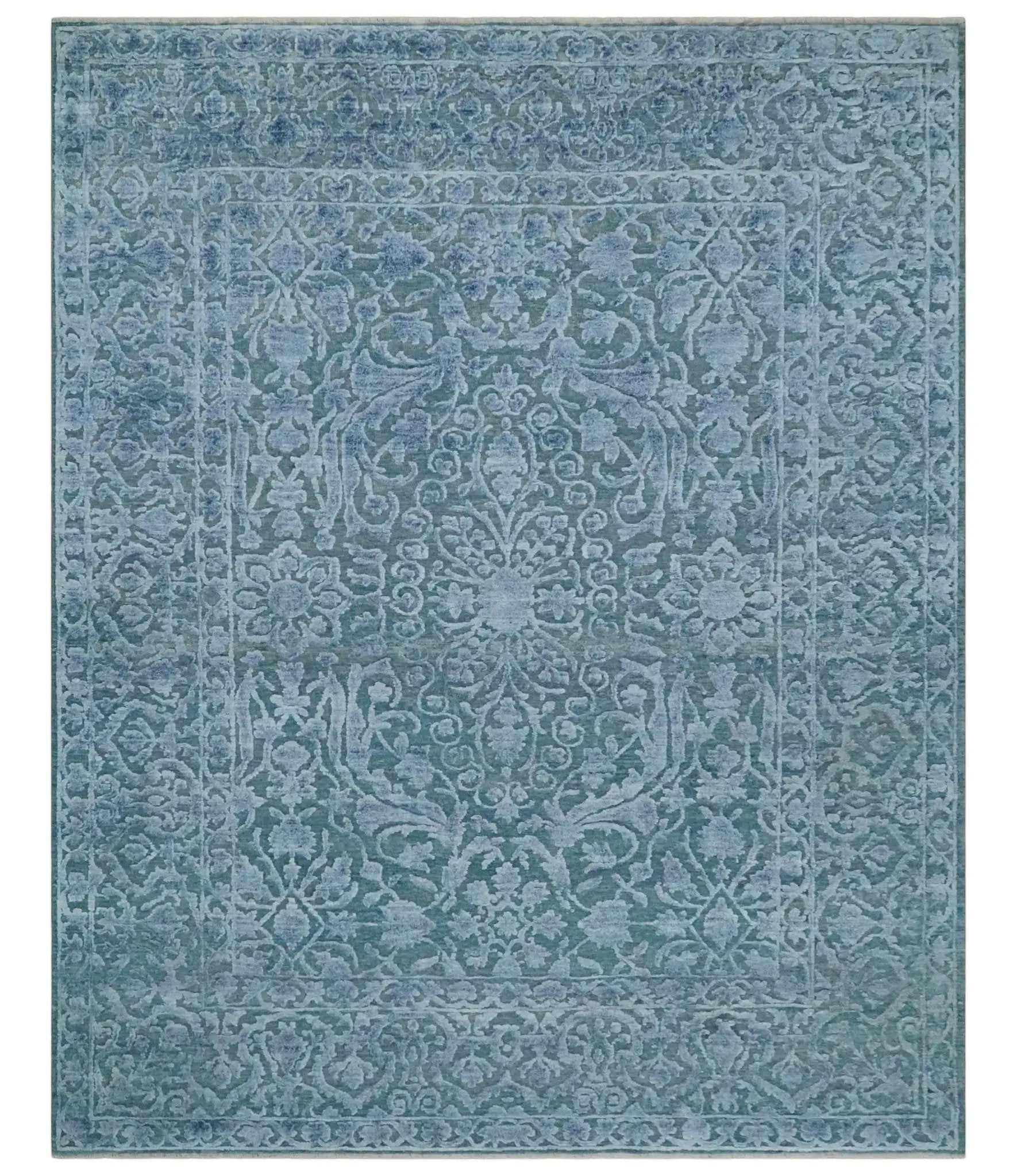 8x9.7 Blue Antique Style, Distressed Finish Hand Carved Traditional Medalian Hand Knotted Wool and Silk Rug by The Rug Decor