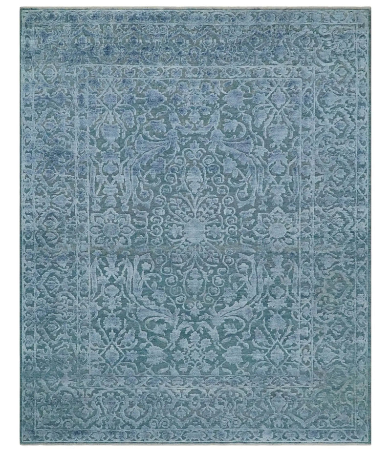 8x9.7 Blue Antique Style, Distressed Finish Hand Carved Traditional Medalian Hand Knotted Wool and Silk Rug by The Rug Decor
