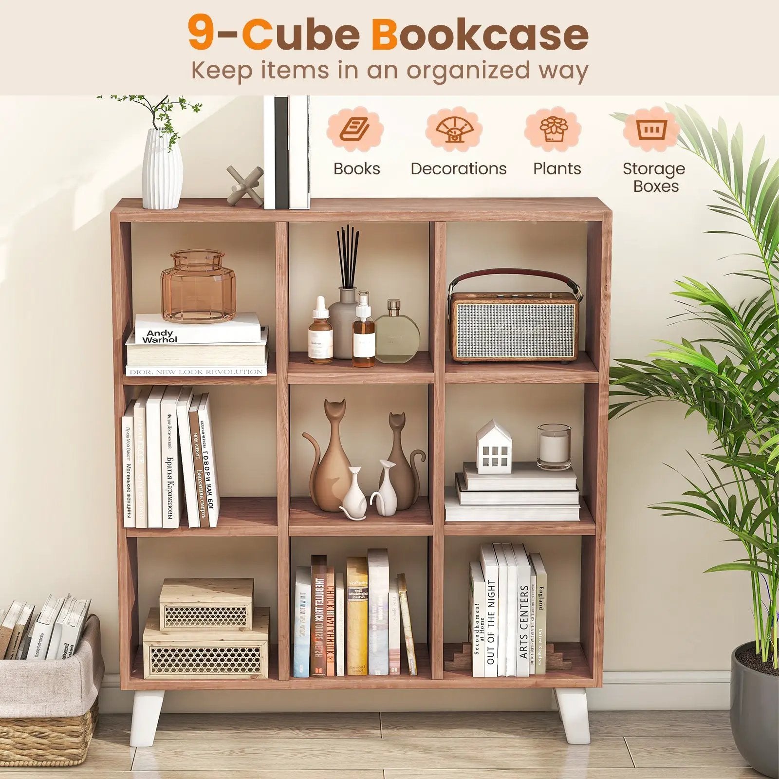 9-Cube Bookcase with 6 Removable Shelves and Raised Support Feet by DirectDeals