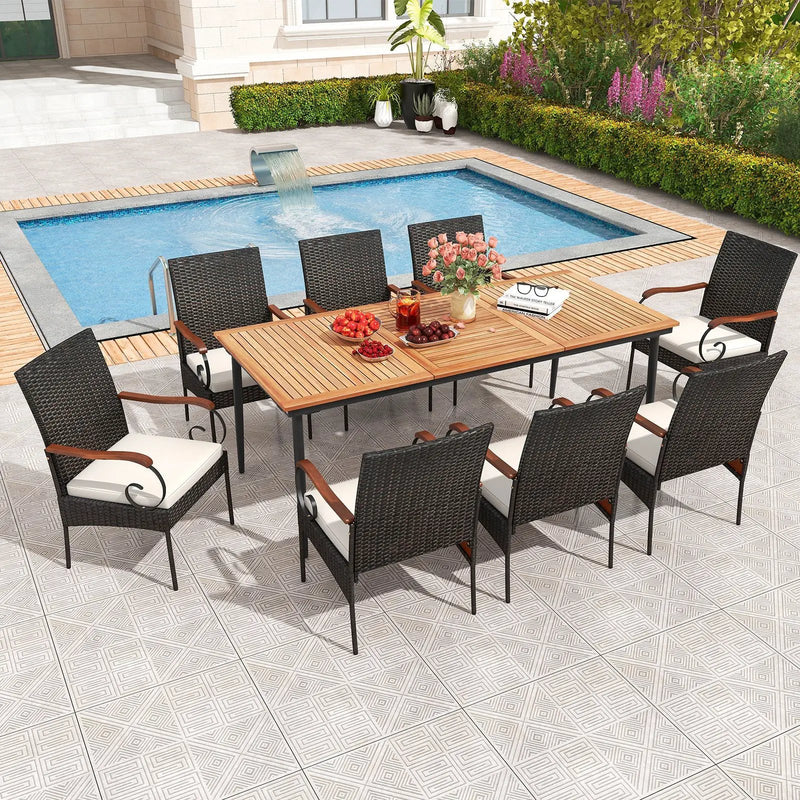 79 Inch Outdoor Dining Table and 8 Rattan-woven Dining Chairs with Acacia Wood Tabletop by DirectDeals