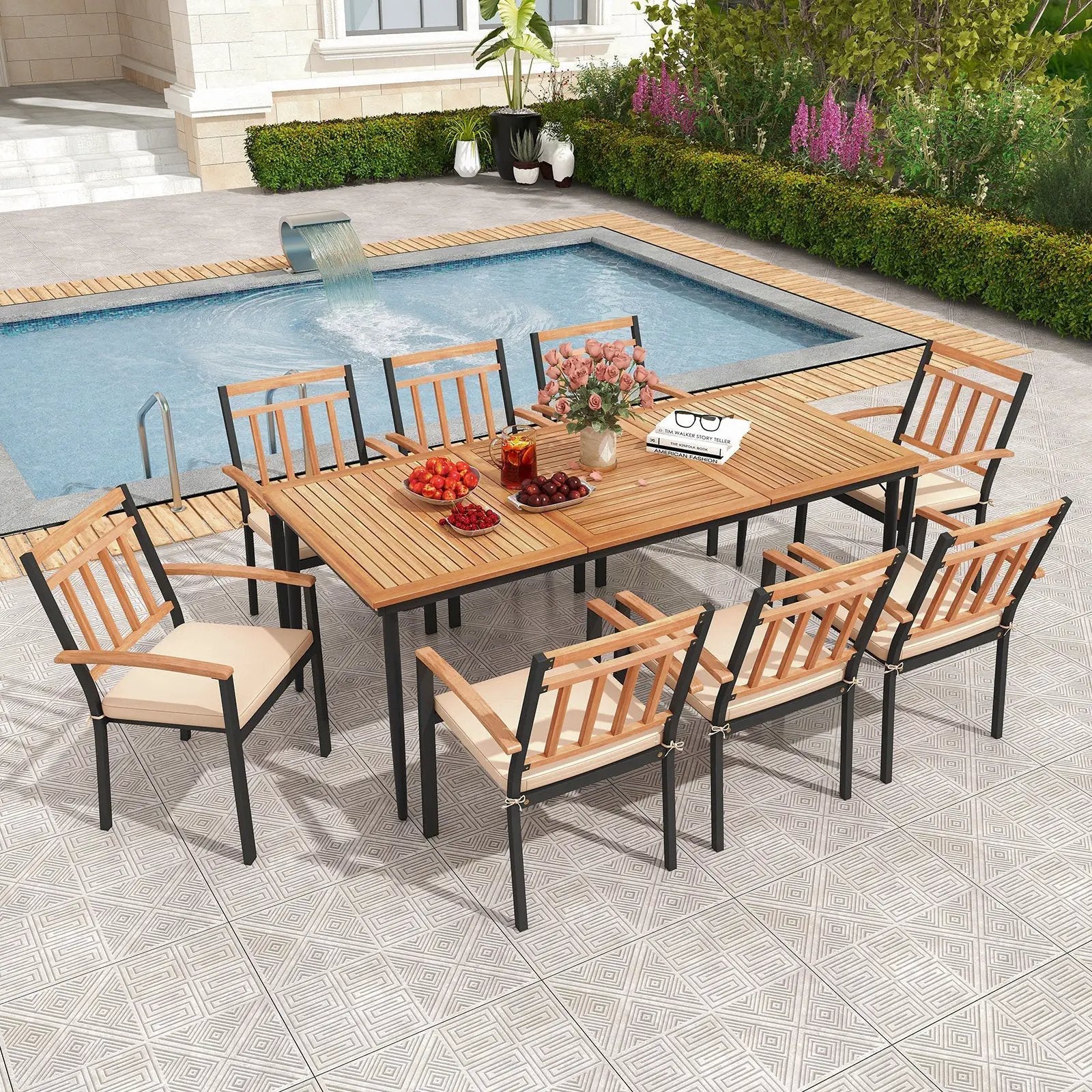 9-Piece Patio Dining Set with 8 Wooden Armchairs by DirectDeals