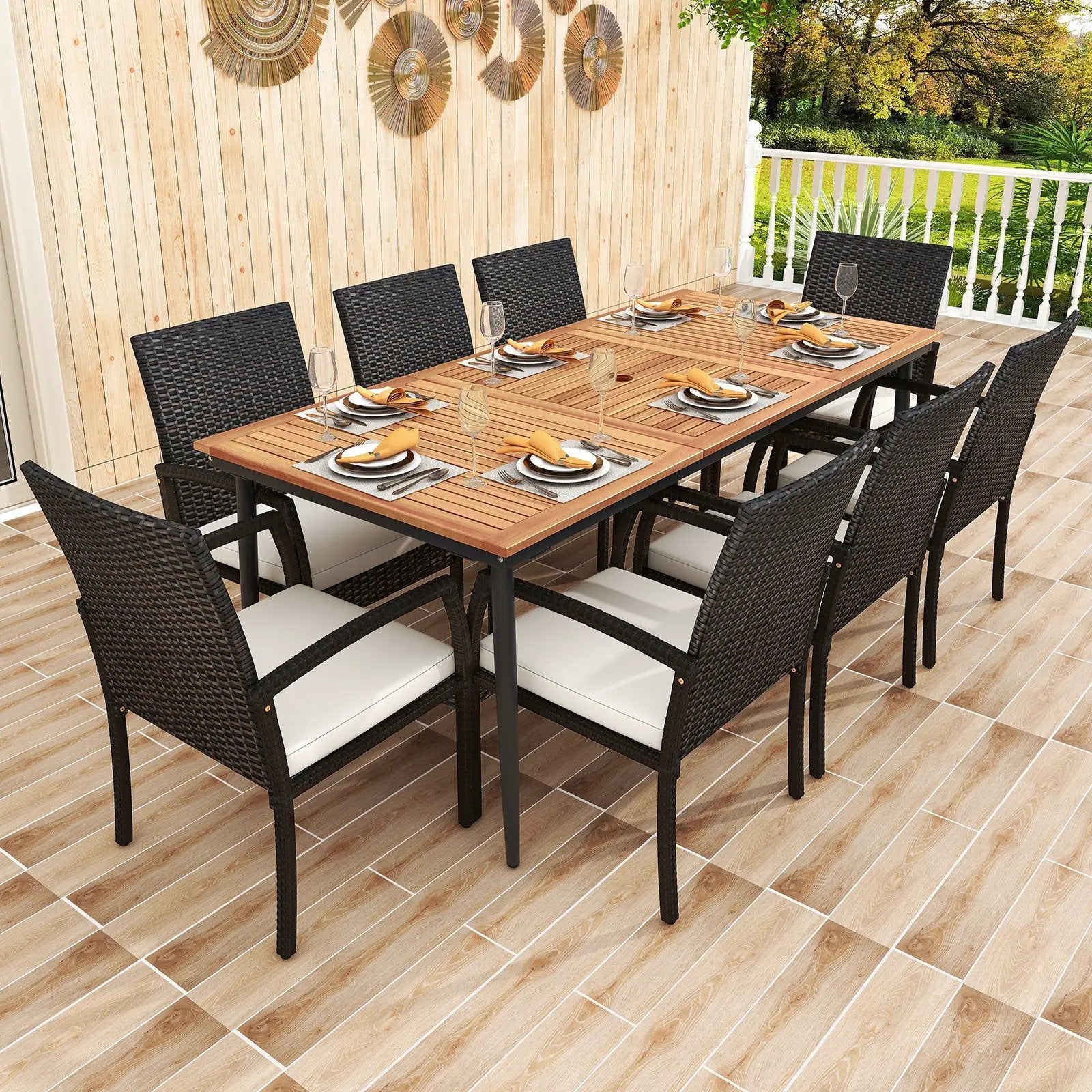 9-Piece Patio Dining Set with Umbrella Hole and 8 Rattan-woven Dining Chairs with Seat Cushions by DirectDeals