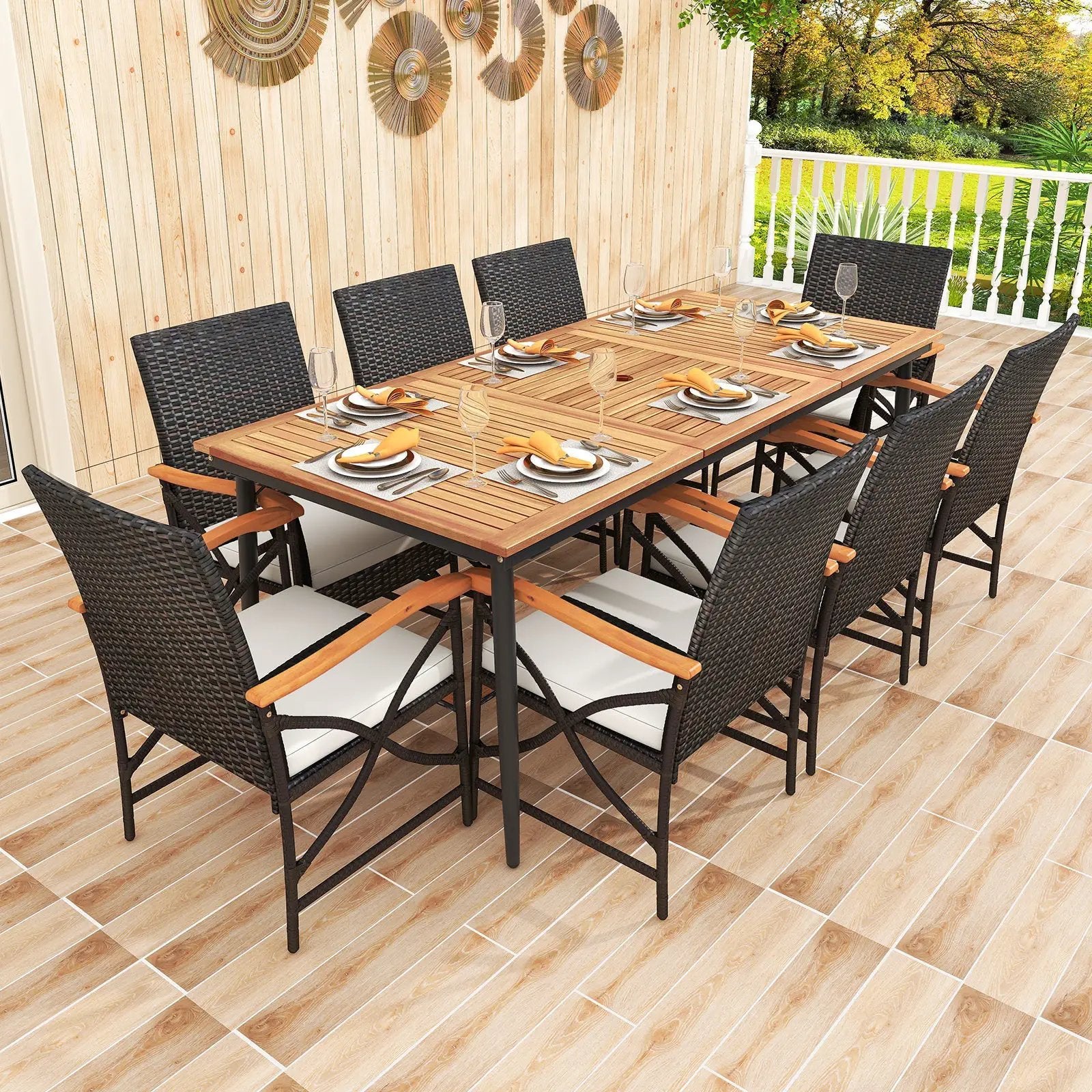 79 Inch Outdoor Acacia Wood Dining Table and 8 Rattan-woven Dining Chairs with Umbrella Hole by DirectDeals