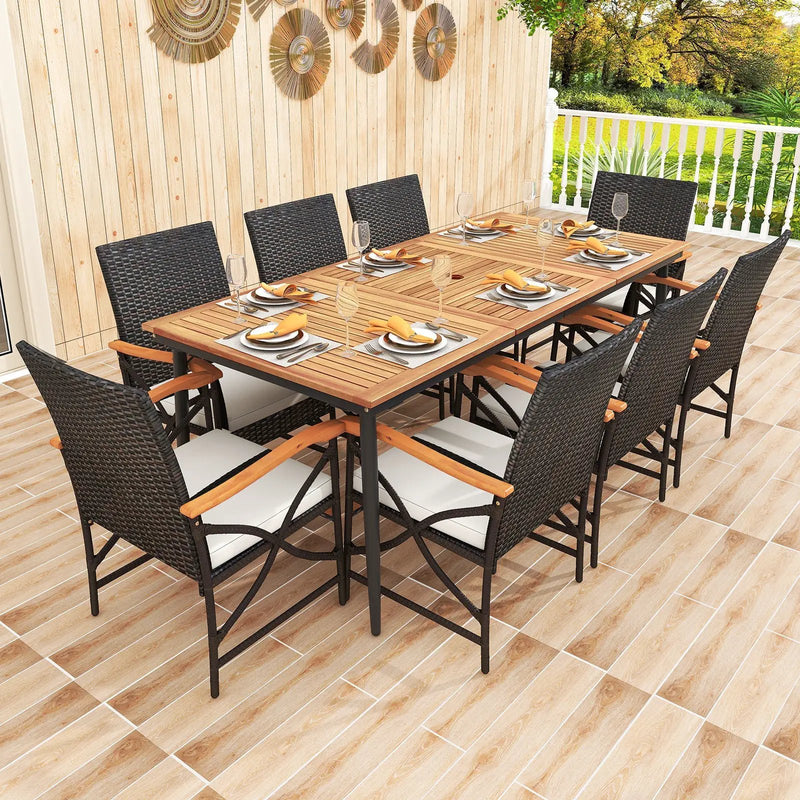 79 Inch Outdoor Acacia Wood Dining Table and 8 Rattan-woven Dining Chairs with Umbrella Hole by DirectDeals