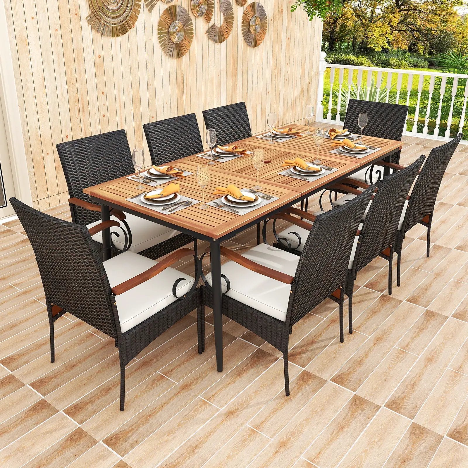 79 Inch Outdoor Dining Table and 8 Rattan-woven Dining Chairs with Acacia Wood Tabletop by DirectDeals