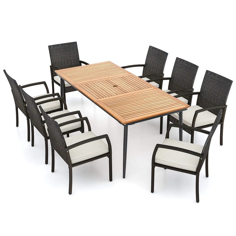 9-Piece Patio Dining Set with Umbrella Hole and 8 Rattan-woven Dining Chairs with Seat Cushions by DirectDeals