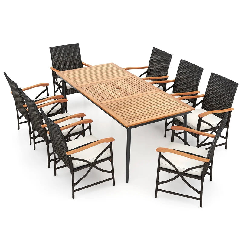 79 Inch Outdoor Acacia Wood Dining Table and 8 Rattan-woven Dining Chairs with Umbrella Hole by DirectDeals