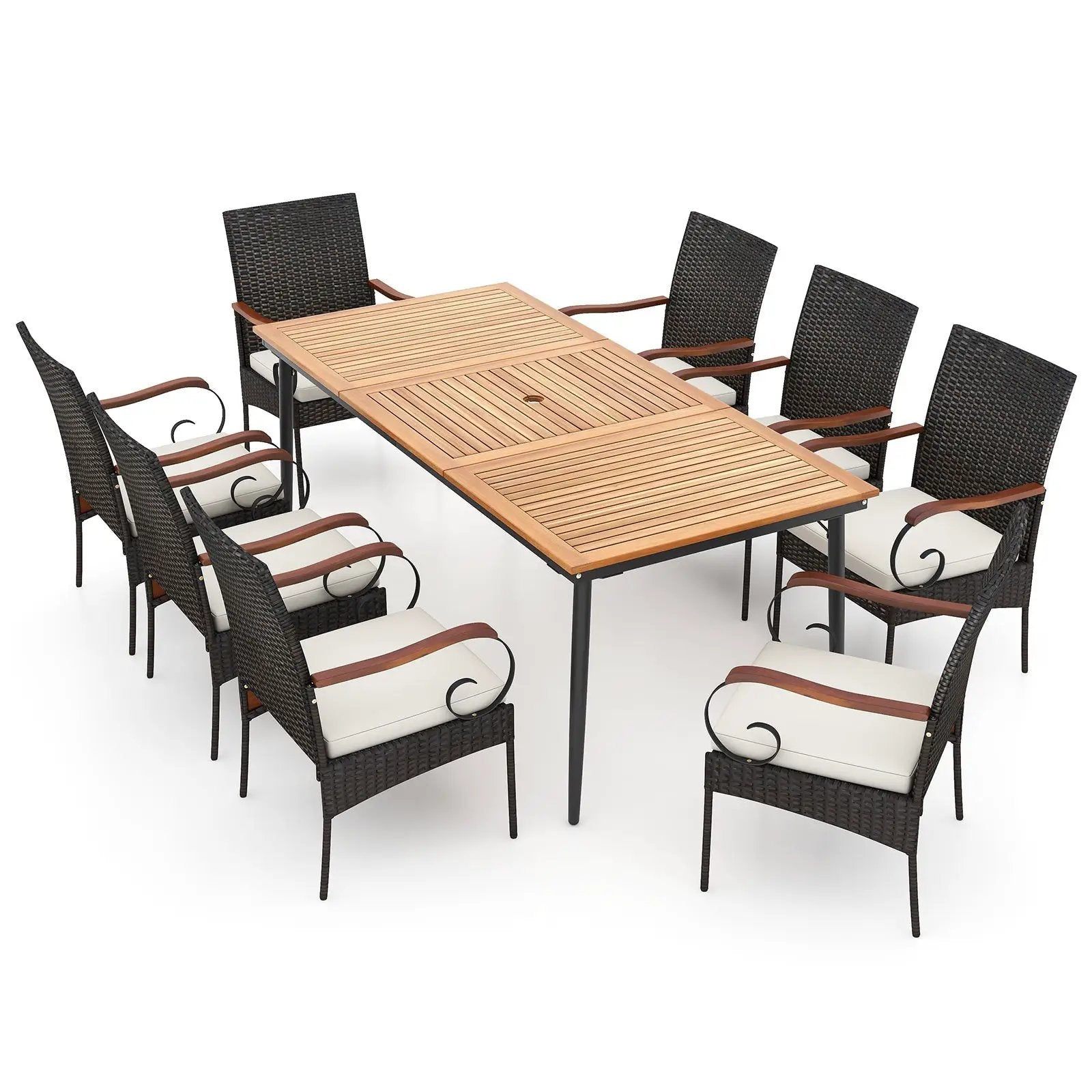 79 Inch Outdoor Dining Table and 8 Rattan-woven Dining Chairs with Acacia Wood Tabletop by DirectDeals