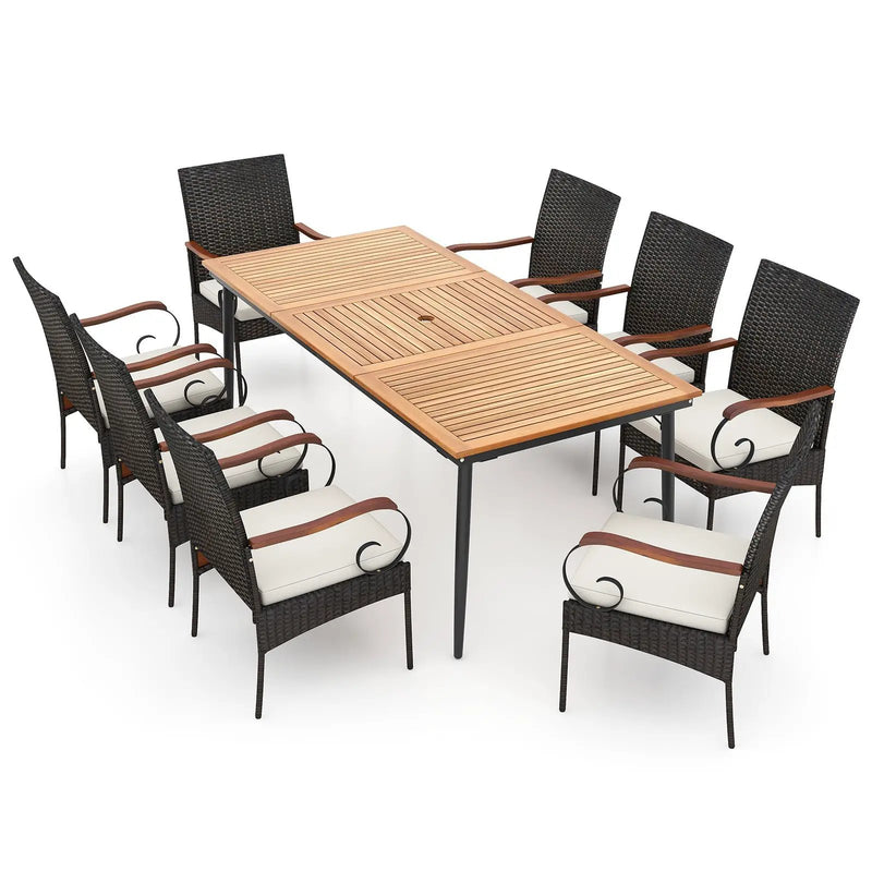 79 Inch Outdoor Dining Table and 8 Rattan-woven Dining Chairs with Acacia Wood Tabletop by DirectDeals
