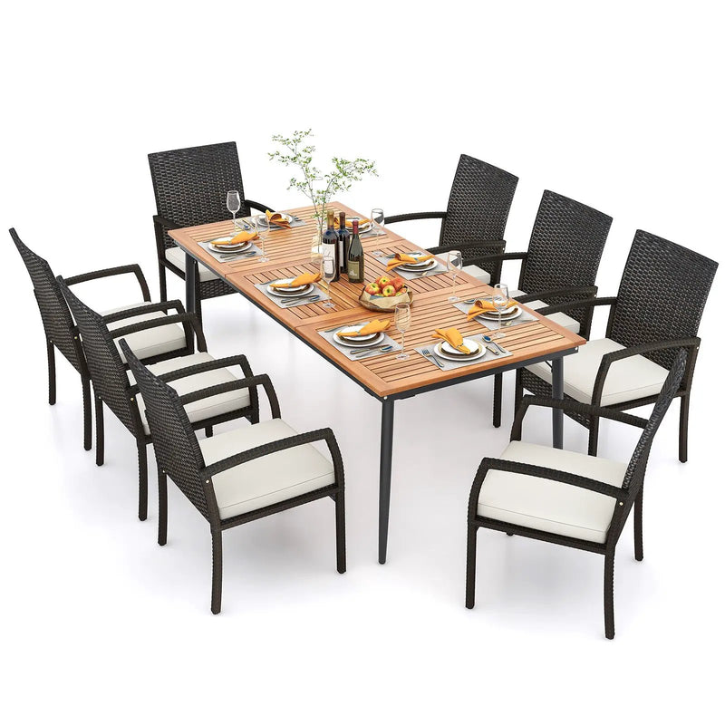 9-Piece Patio Dining Set with Umbrella Hole and 8 Rattan-woven Dining Chairs with Seat Cushions by DirectDeals