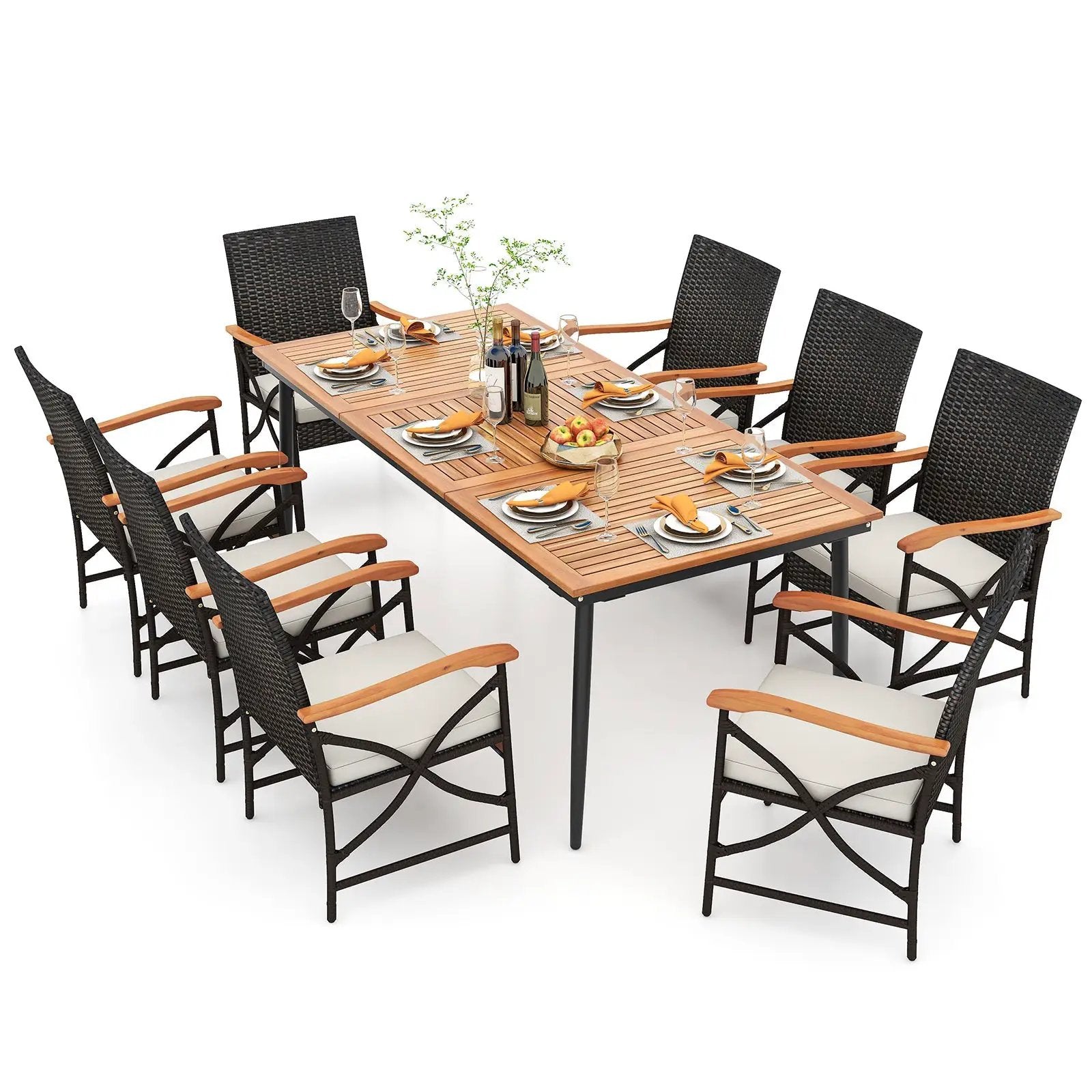 79 Inch Outdoor Acacia Wood Dining Table and 8 Rattan-woven Dining Chairs with Umbrella Hole by DirectDeals