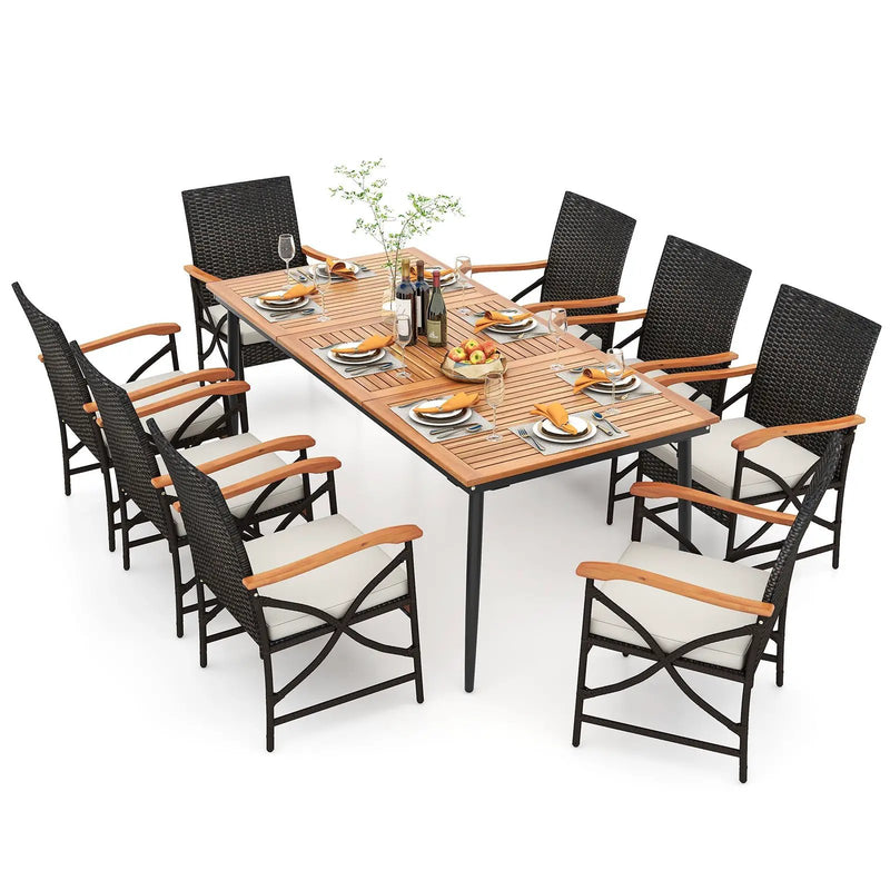 79 Inch Outdoor Acacia Wood Dining Table and 8 Rattan-woven Dining Chairs with Umbrella Hole by DirectDeals