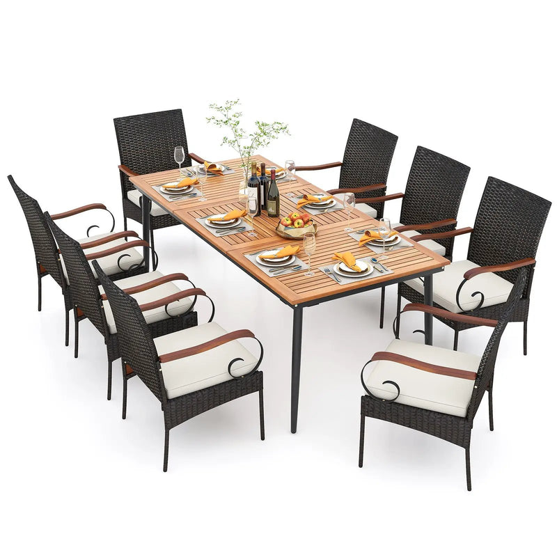 79 Inch Outdoor Dining Table and 8 Rattan-woven Dining Chairs with Acacia Wood Tabletop by DirectDeals