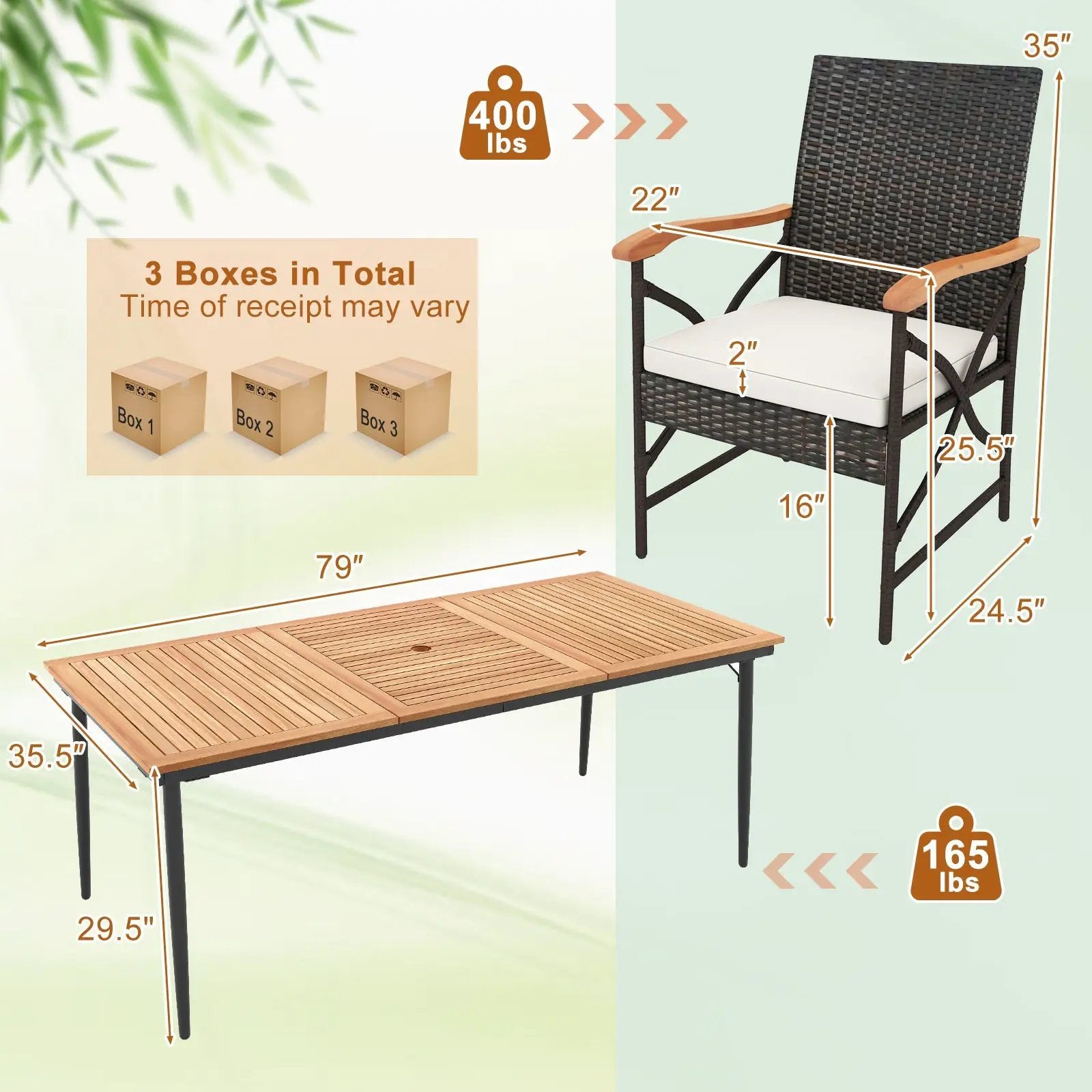 79 Inch Outdoor Acacia Wood Dining Table and 8 Rattan-woven Dining Chairs with Umbrella Hole by DirectDeals