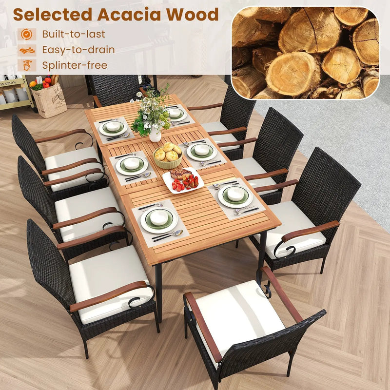 79 Inch Outdoor Dining Table and 8 Rattan-woven Dining Chairs with Acacia Wood Tabletop by DirectDeals
