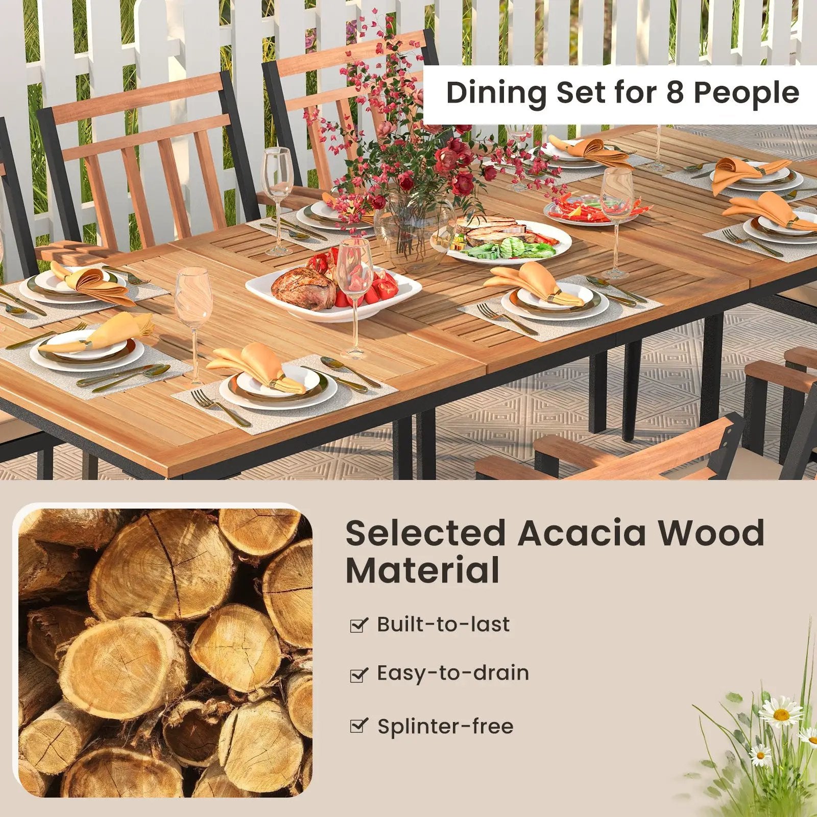 9-Piece Patio Dining Set with 8 Wooden Armchairs by DirectDeals