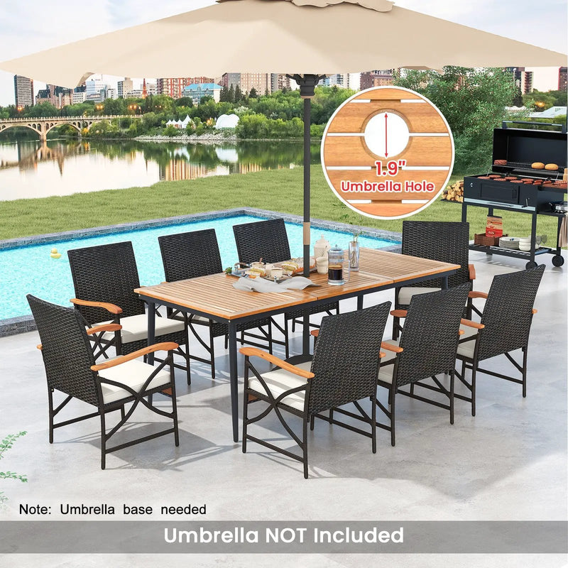 79 Inch Outdoor Acacia Wood Dining Table and 8 Rattan-woven Dining Chairs with Umbrella Hole by DirectDeals