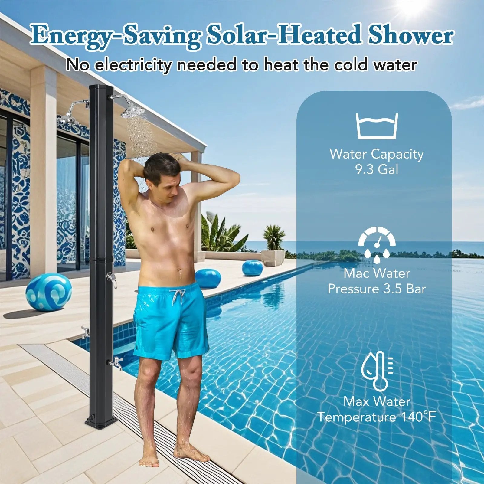 9.3 Gallon Solar Heated Outdoor Shower with Dual Shower Heads-Black by DirectDeals