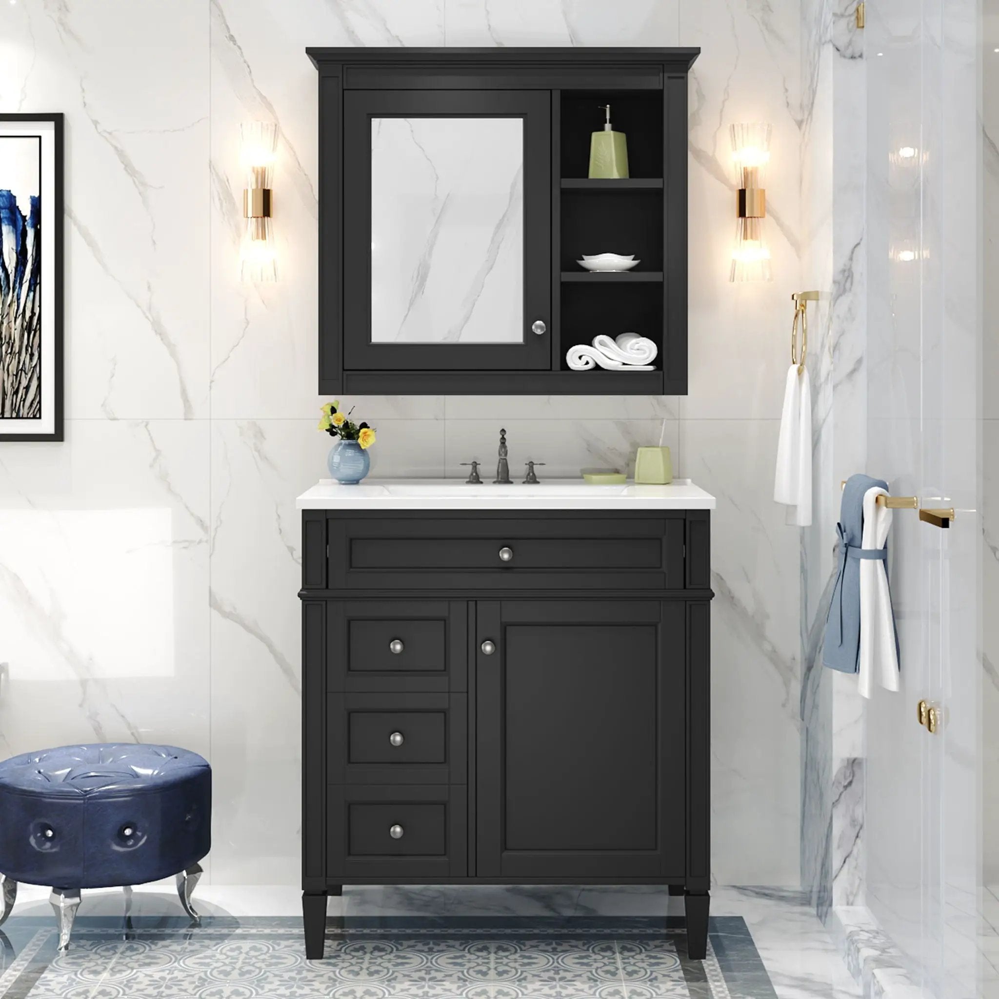 Bathroom Vanity With Medicine Cabinet, Royal Mirror Cabinet, Modern Bathroom Storage Cabinet With 2 Soft Closing Doors And 4 Drawers by HouseOfZazla