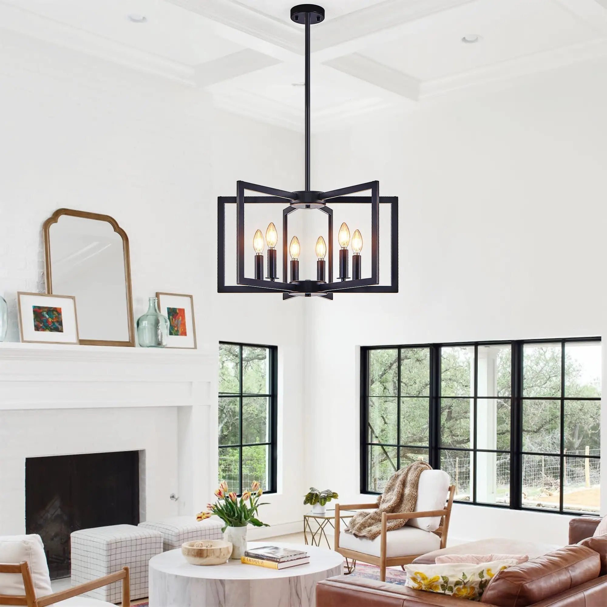 22' Modern Black Geometric 6-Light Chandelier – Industrial Metal Pendant Light Fixture for Living Room, Dining Room, or Kitchen (Bulb Not Included) by HouseOfZazla