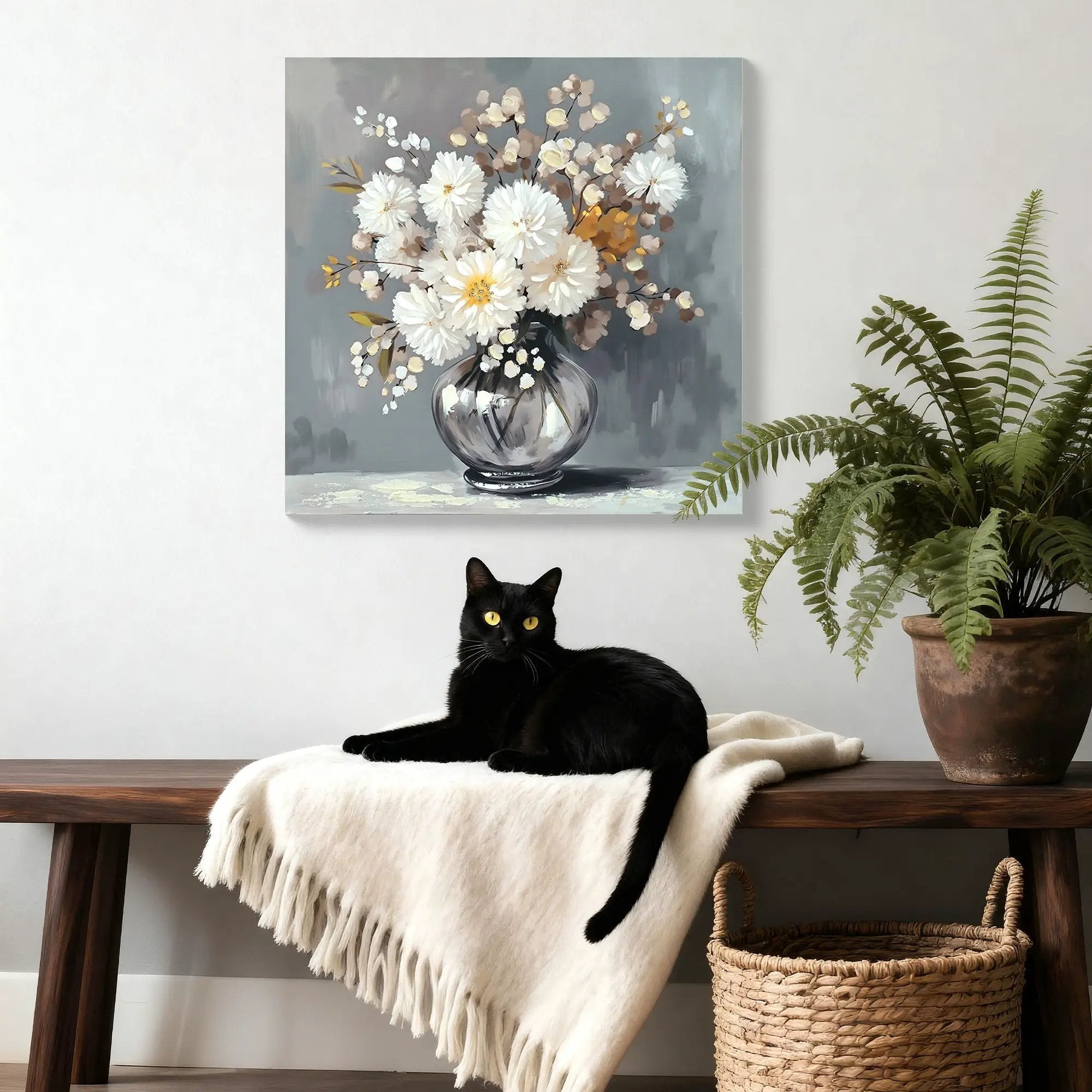 Chrysanthemum Vase Canvas Wall Art Decor Country - Stone White by HouseOfZazla