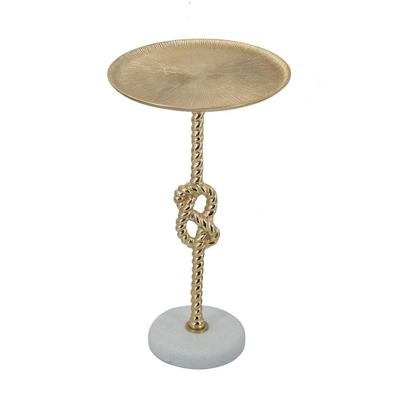 13.8x13.8x24 Gold Side Table with Rope Knot Design and White Marble Base by HouseOfZazla