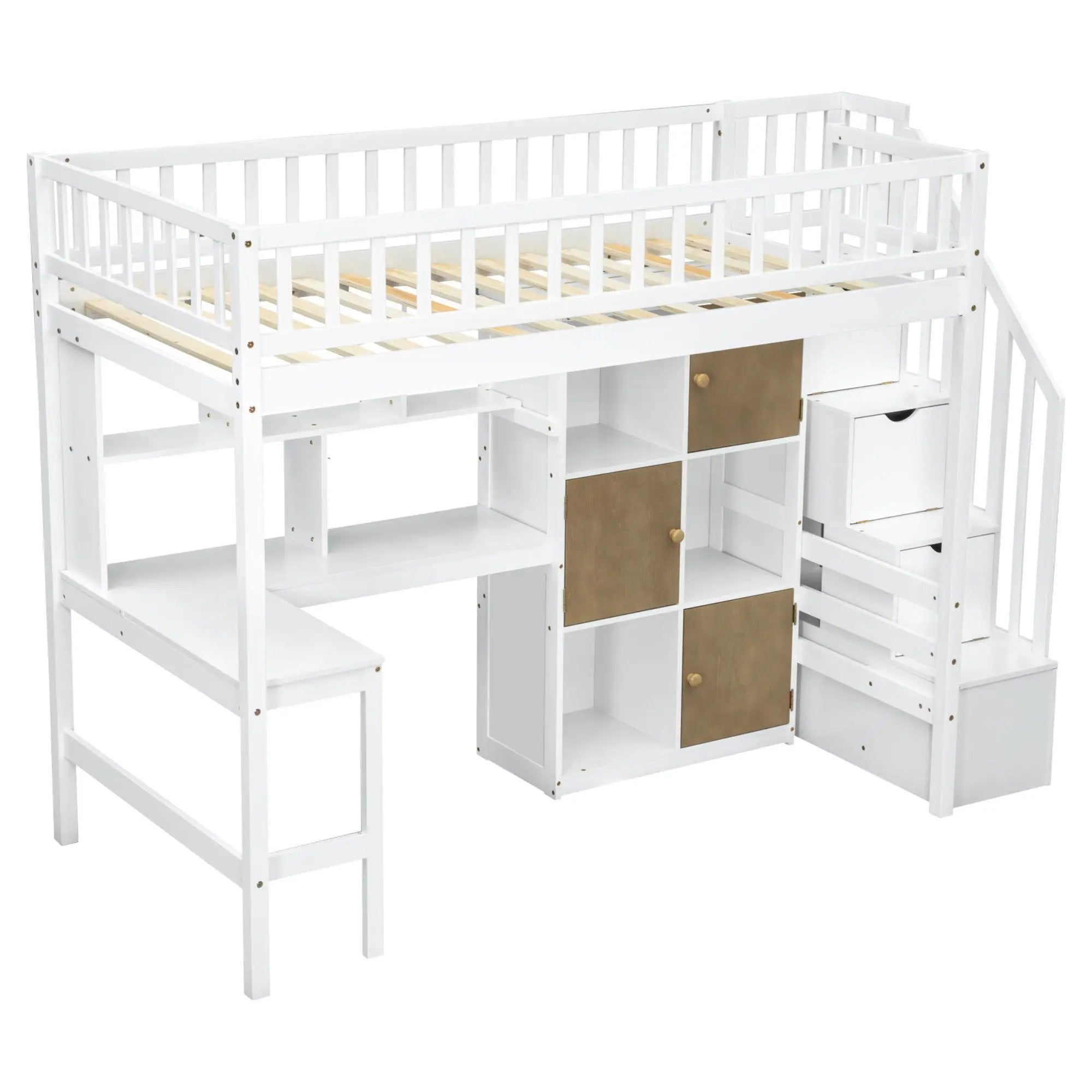 Loft Bed With Built In L Shaped Desk, LED Lights, Storage Shelves, Cabinets, And Staircase by HouseOfZazla
