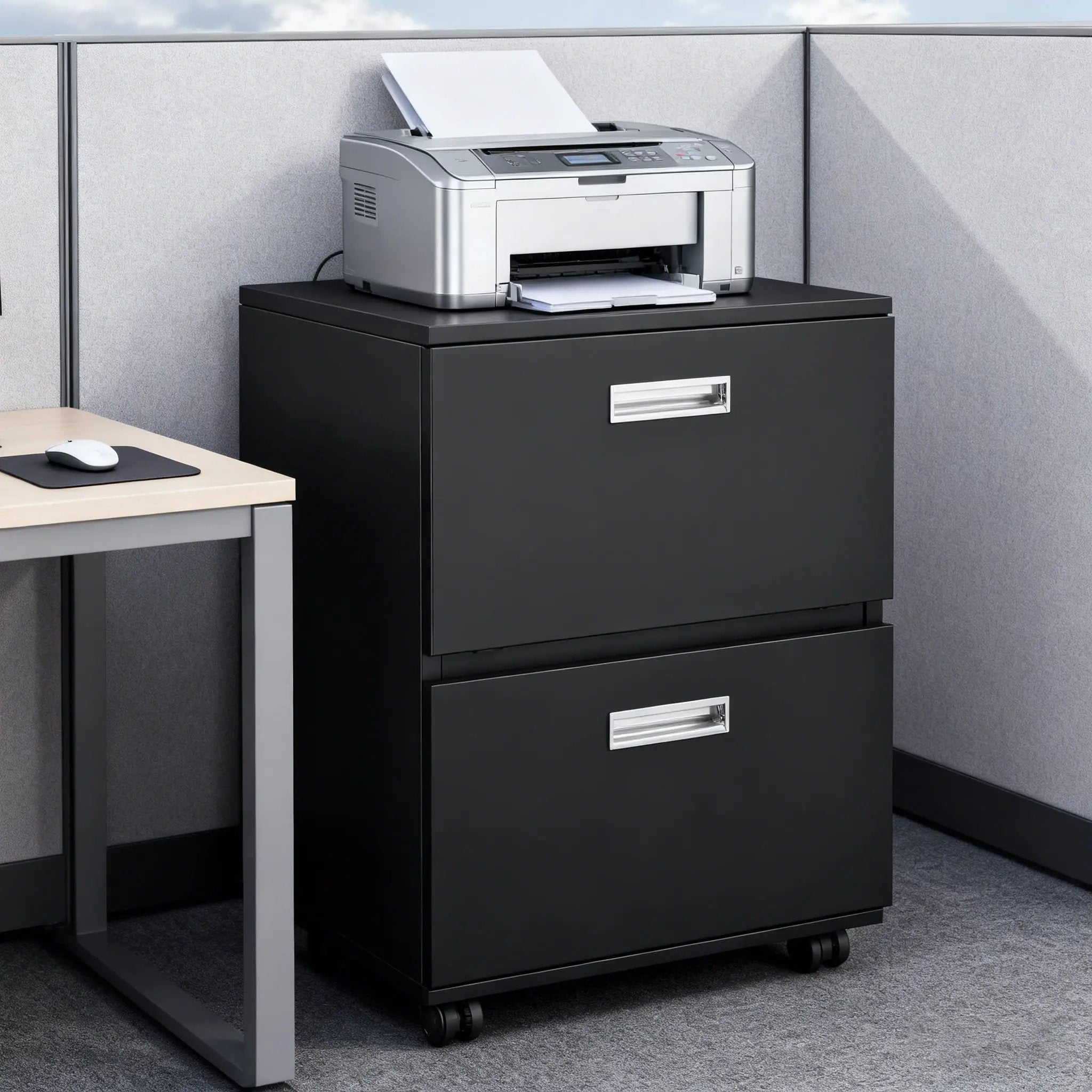 Office Furniture Copier Cabinet 2 Door Steel Copier Stand Mobile Pedestal File Printer Stand - Black by HouseOfZazla