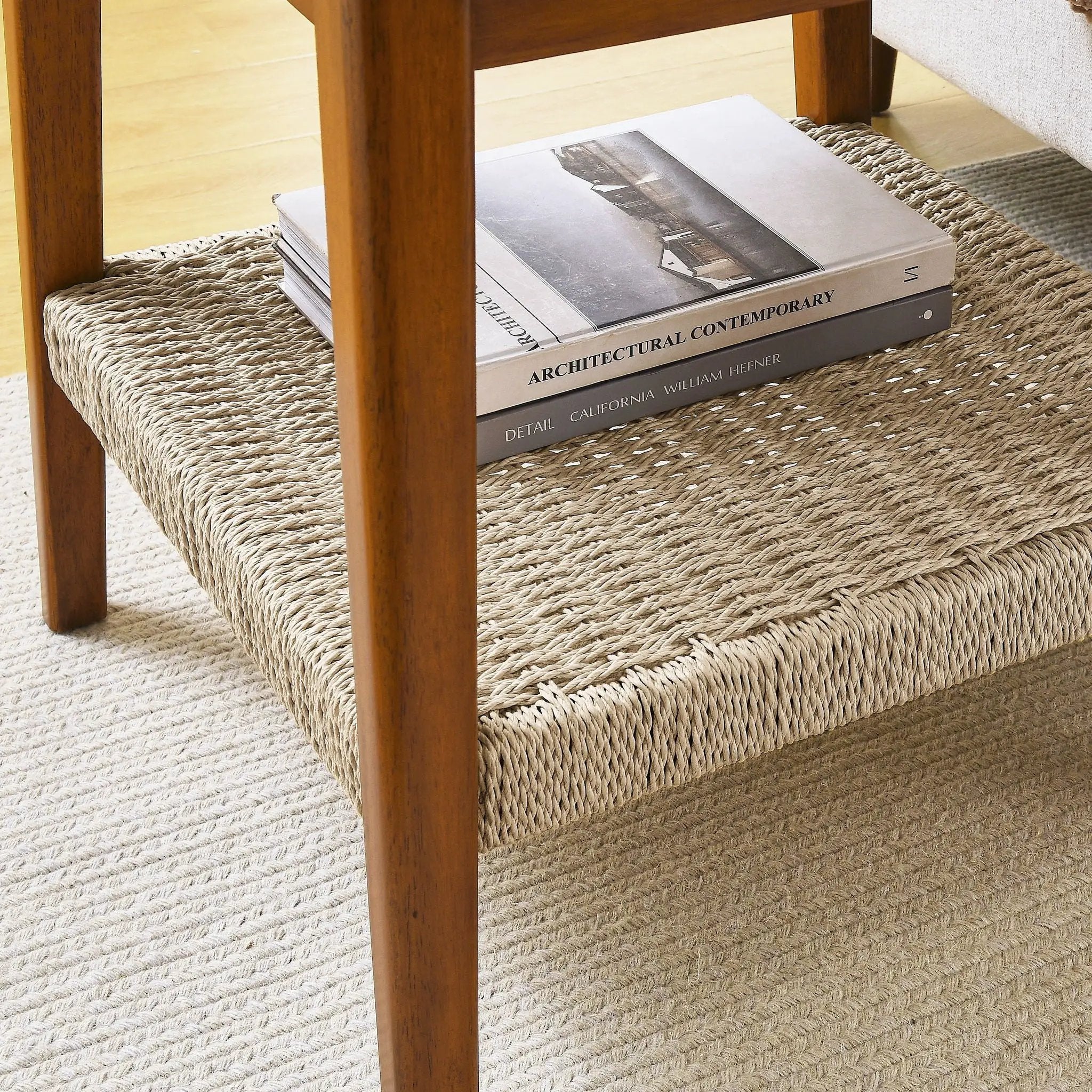 Mid - Century Square Side Table With Woven Shelf - Walnut by Unique Piece Furniture