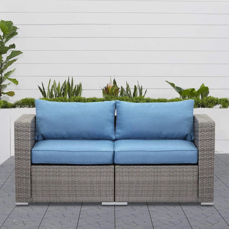 2 Piece Patio Loveseat Set With Thick Cushions, Outdoor Sectional Sofa For Balcony - Blue / Brown by HouseOfZazla