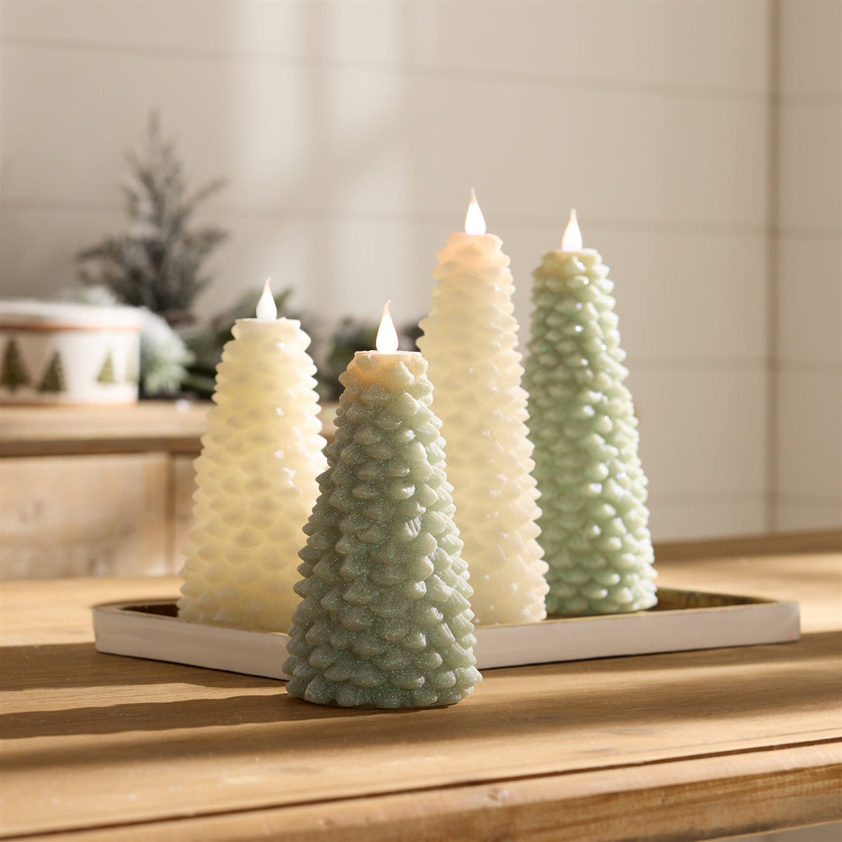 White glittered pine tree candle 8"h, photo 2 of 2