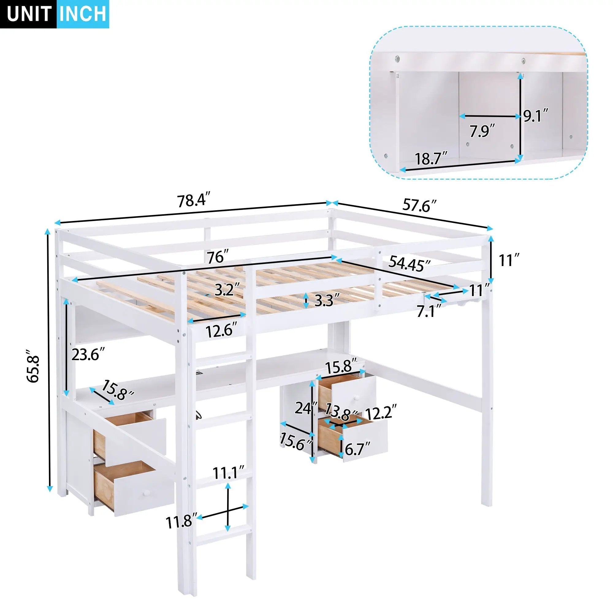 Full Size Loft Bed With Desk, Cabinets, Drawers, Charging Station And Bedside Tray, Sturdy Frame, No Box Spring Required - White by Unique Piece Furniture