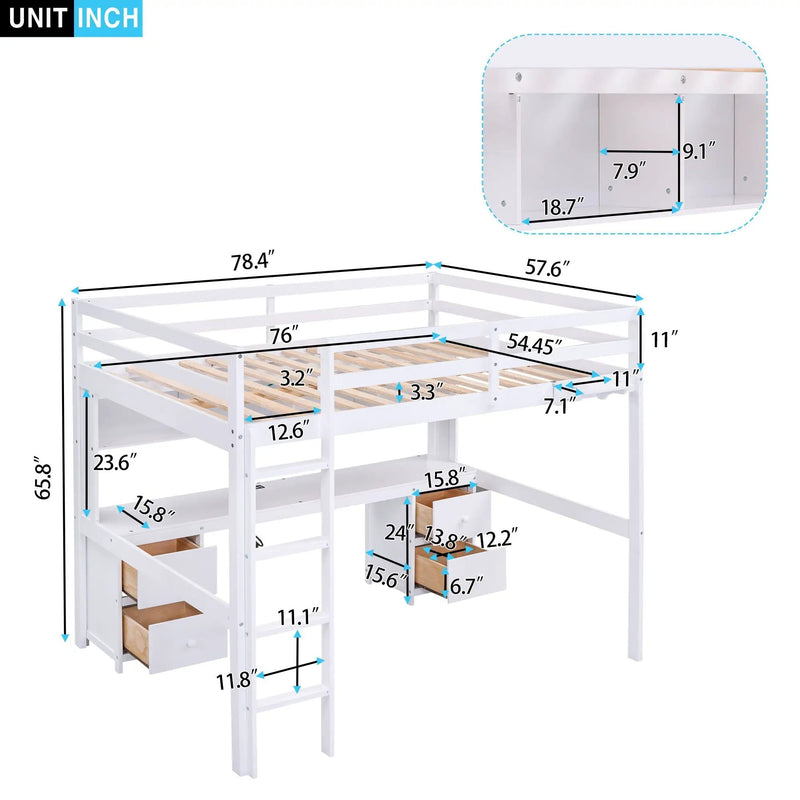Full Size Loft Bed With Desk, Cabinets, Drawers, Charging Station And Bedside Tray, Sturdy Frame, No Box Spring Required - White by Unique Piece Furniture