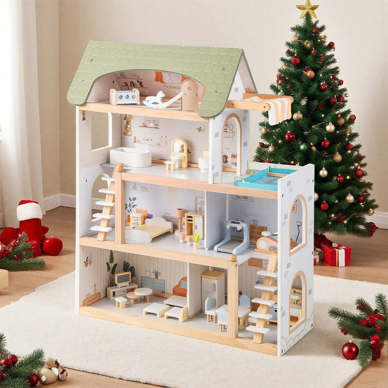 Wooden Dollhouse Kids DIY Pretend Playhouse with 33 PCS Furniture Accessories-Green by DirectDeals